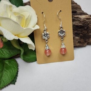Hand Crafted Dangle Earrings with Pink Glass Beads & Floral Accents